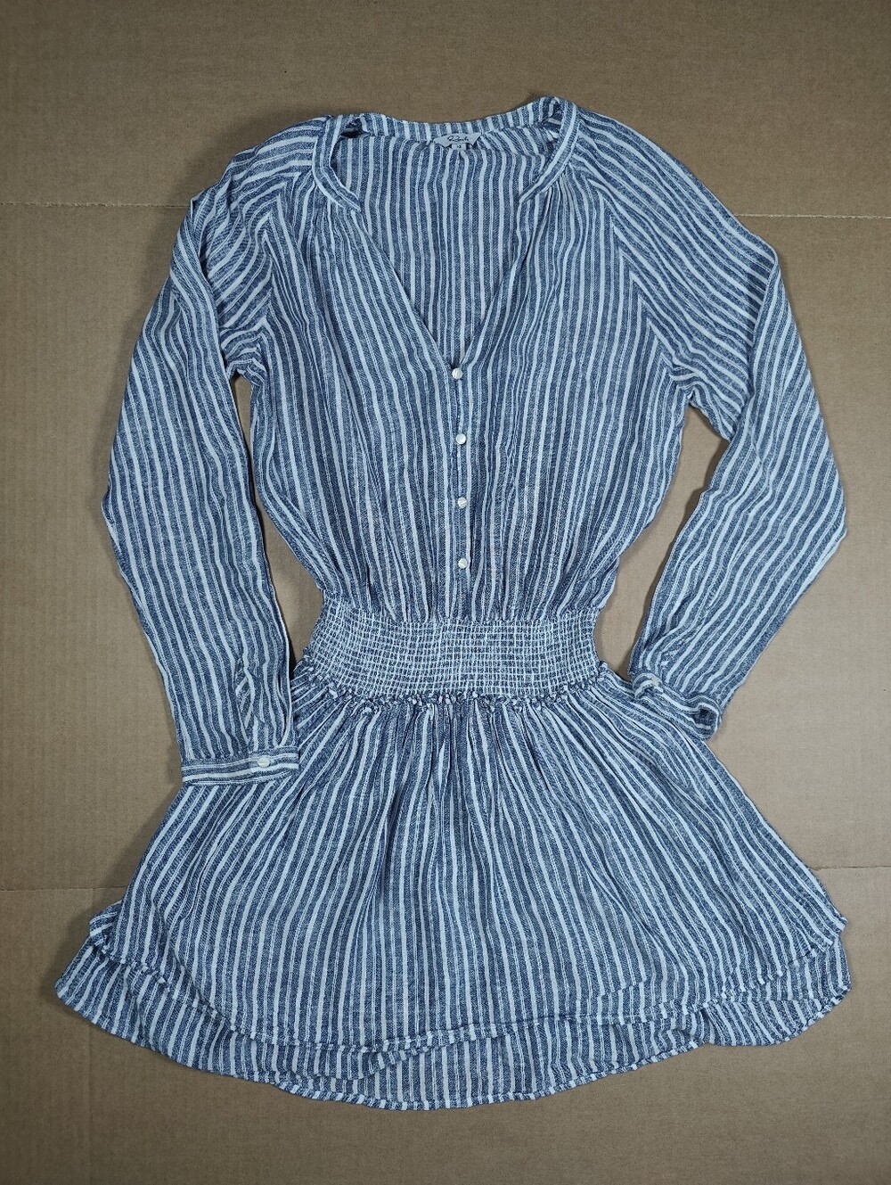 RAILS Jasmine Tibet Striped White Blue Linen Smocked Waist Mini Dress Size XS